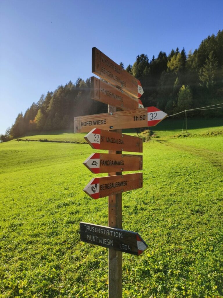 Wooden signpost with hiking trail directions in Italy's scenic landscape.